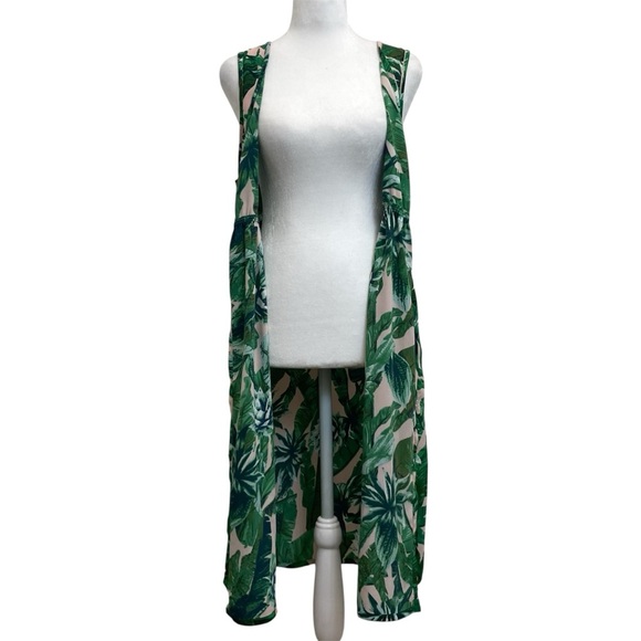 Guess Green & Pink Tropical Leaf Print Three Button Duster Cardigan - Picture 2 of 13